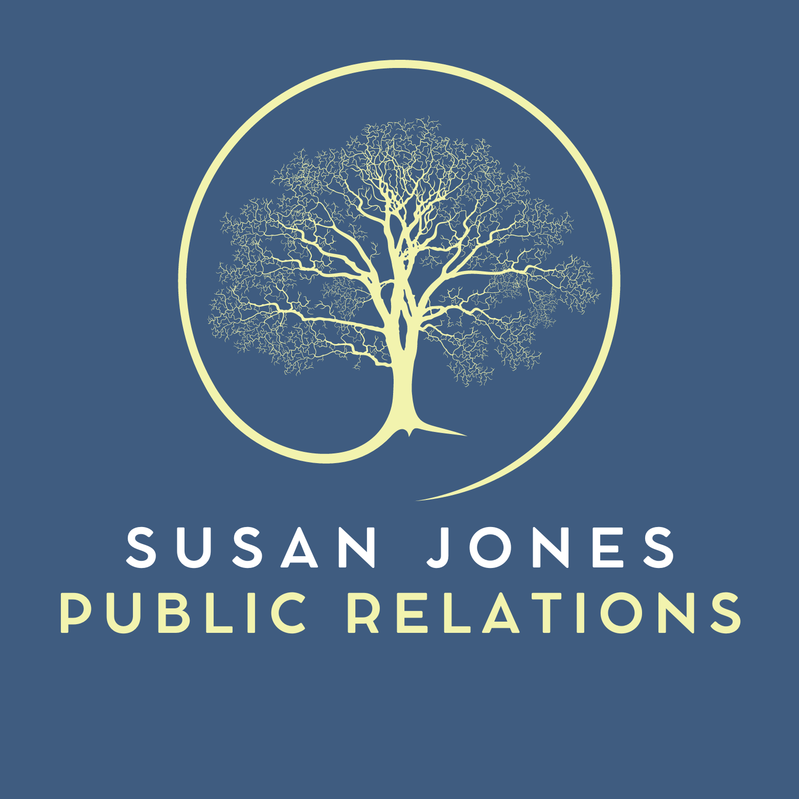 SJPR Logo, a bare-branched tree forming an at symbol with the words Susan Jones Public Relations underneath